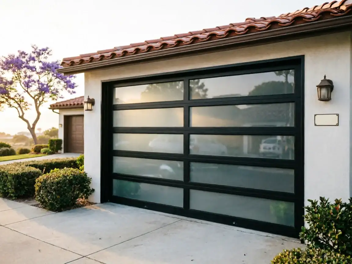 A modern black garage door with frosted glass panels is on a white house.