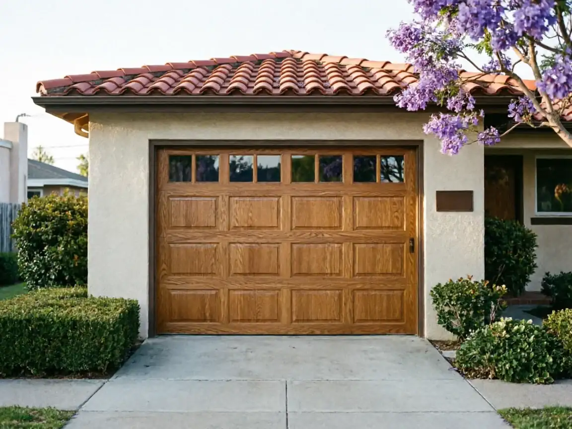 A brown wooden garage door with windows is on a house with a red tile roof.